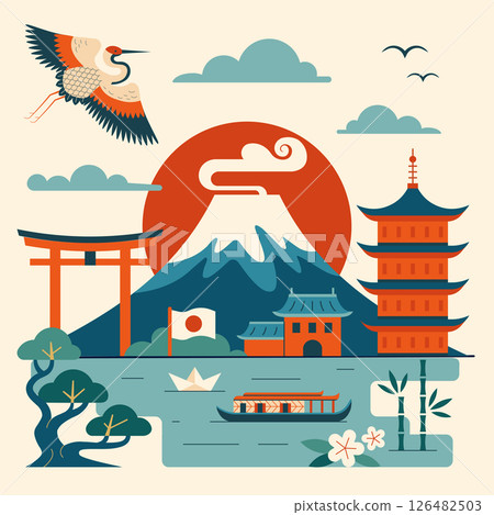 Travel to Japan Vintage Poster with Mount Fuji 126482503