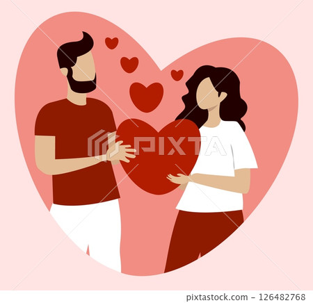 Couple sharing a heartfelt moment on Valentines Day with loving gestures and floating hearts in a romantic illustration 126482768
