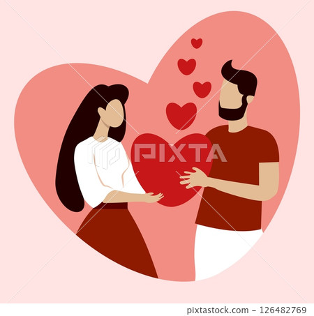 Couple celebrating Valentines Day with a heart in a romantic setting surrounded by floating hearts 126482769