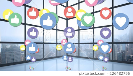 Image of multiple colourful digital social media icons flying over cityscape 126482796