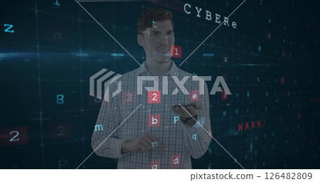 Man interacting with digital interface, focusing on cybersecurity concepts and data 126482809