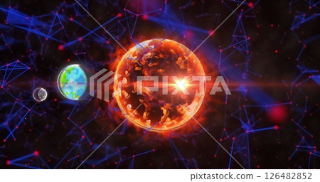 Glowing planets and fiery sun in vibrant cosmic digital illustration 126482852