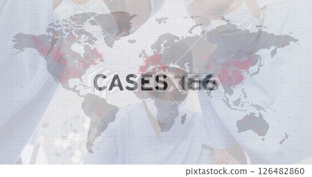 Healthcare workers analyzing global cases data on world map overlay Healthcare workers analyzing global cases data on world map overlay 126482860