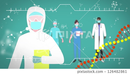 Healthcare professionals in protective gear and lab coats analyzing virus data 126482861
