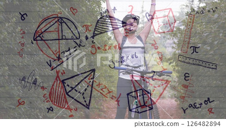 Woman celebrating with bicycle, surrounded by digital math graphics in nature Woman celebrating with bicycle, surrounded by digital math graphics in nature 126482894