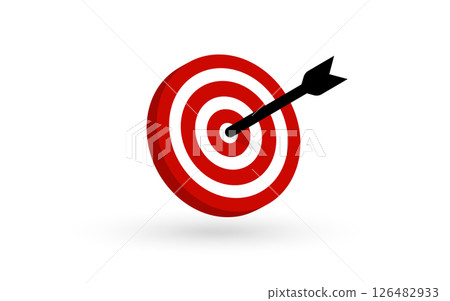 Bullseye target hit by black arrow symbolizing success, focus, goal achievement, marketing precision. Useful for business, startup, planning concepts. Vector illustration. 126482933