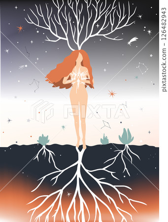 Young standing woman meditating with star in her hands. Meditation, harmony, and enlightenment concept. Universe creation. Vector illustration 126482943