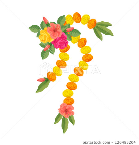 Traditional Indian floral garland with marigold flowers, roses, mango leaves. Decoration for Indian hindu holidays or wedding ceremony. Isolated on white. Vector illustration. Traditional Indian floral garland with marigold flowers, roses, mango leaves. Decoration for Indian hindu holidays or wedding ceremony. Isolated on white. Vector illustration. 126483204