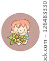 Smiling Sunflower/Illustration of a smiling child holding a sunflower in both hands.Perfect for summer greetings or postcards. 126483330