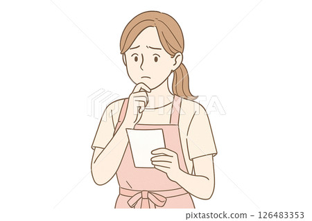 A housewife wearing an apron is worried about a note_transparent A housewife wearing an apron is worried about a note_transparent 126483353