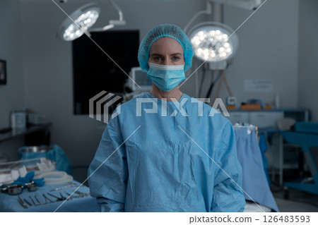 Surgeon in operating room wearing scrubs and mask, preparing for surgery 126483593