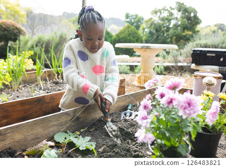 African American girl gardening in backyard, planting flowers with focus and joy 126483821