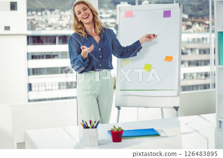 Smiling businesswoman presenting ideas on flip chart in modern office setting, copy space 126483895