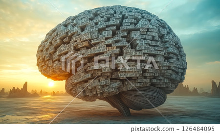 A human brain constructed entirely from letters of the alphabet and various texts. The concept of Idea, Knowledge, Creative, Language, and Intelligence. Generative AI. 126484095