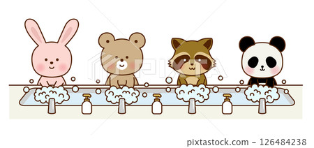 Cute animal hand washing illustrations | Rabbit, bear, raccoon, panda Cute animal hand washing illustrations | Rabbit, bear, raccoon, panda 126484238