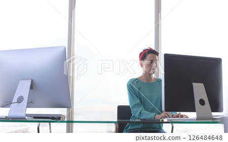Professional woman working on desktop computer in modern office environment, copy space Professional woman working on desktop computer in modern office environment, copy space 126484648