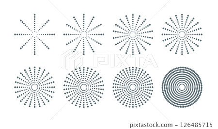 Dotted retro round sun, starburst, rays. Minimalist trendy vector fireworks, round frame, sunlight. 126485715