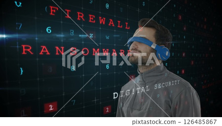 Man wearing VR headset exploring digital security concepts with floating text Man wearing VR headset exploring digital security concepts with floating text 126485867