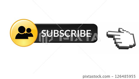 Subscribe button icon with pixelated hand cursor clicking for online engagement 126485955