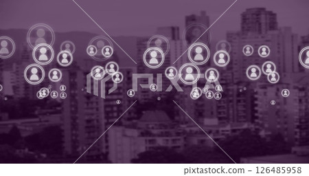 Urban connectivity and communication with digital network icons overlaying cityscape Urban connectivity and communication with digital network icons overlaying cityscape 126485958