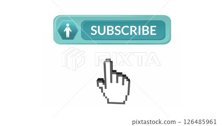 Clicking pixelated hand cursor on subscribe button for online content engagement 126485961
