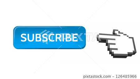 Pixelated hand cursor pointing to blue subscribe button for online engagement Pixelated hand cursor pointing to blue subscribe button for online engagement 126485966