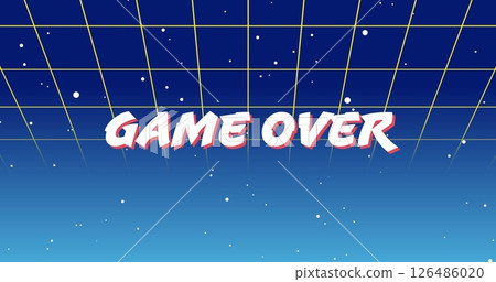 Retro video game screen with Game Over text and grid background 126486020