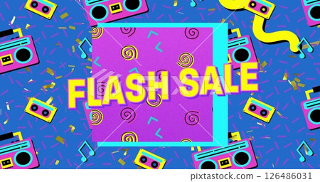 Colorful retro-themed flash sale banner with vibrant patterns and bold text 126486031