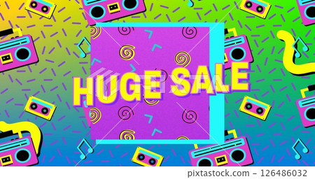 Colorful retro-themed background with bold Huge Sale text and playful patterns 126486032