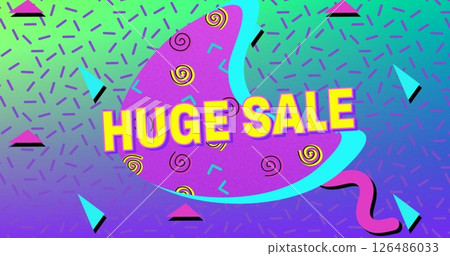 Colorful retro design with bold Huge Sale text and abstract geometric shapes 126486033