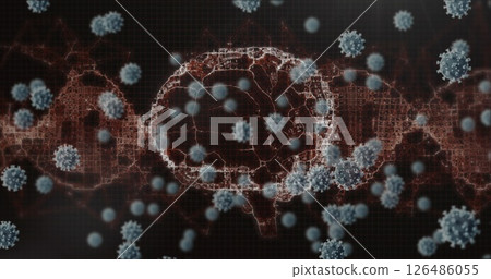 Digital illustration showing virus particles and DNA strand in scientific concept 126486055