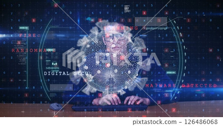 Analyzing digital threats, cybersecurity expert on computer with virus graphics overlay Analyzing digital threats, cybersecurity expert on computer with virus graphics overlay 126486068