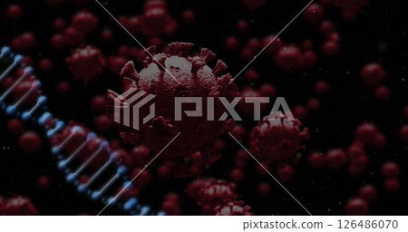 Floating coronavirus particles near DNA strand, showcasing virus structure and genetics 126486070