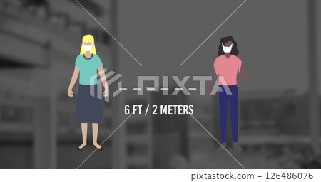 Two women wearing masks standing six feet apart for social distancing 126486076