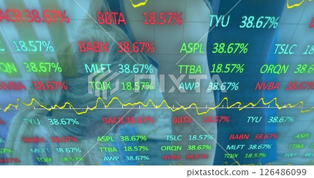 Stock market data displayed on screen with colorful numbers and graphs 126486099