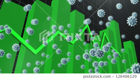 Green bar graph with virus icons illustrating economic impact during pandemic 126486120