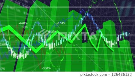 Digital stock market chart displaying fluctuating green graphs and percentages Digital stock market chart displaying fluctuating green graphs and percentages 126486123