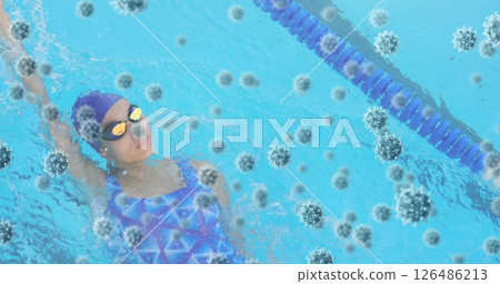 Swimmer in pool surrounded by virus particles, illustrating health risks Swimmer in pool surrounded by virus particles, illustrating health risks 126486213