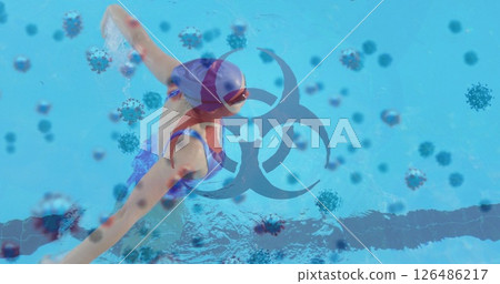 Image of a hazard sign with cells floating over caucasian woman swimming in a pool Image of a hazard sign with cells floating over caucasian woman swimming in a pool 126486217