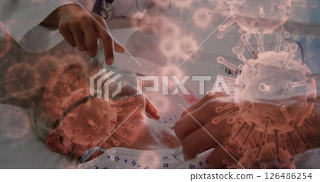 Assisting patient with oxygen mask, healthcare worker illustrating coronavirus pandemic Assisting patient with oxygen mask, healthcare worker illustrating coronavirus pandemic 126486254