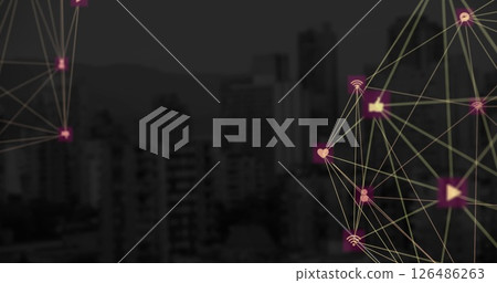 Connecting digital network icons over cityscape, illustrating modern communication technology 126486263