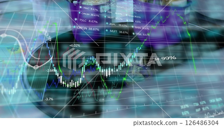 Displaying rising trends, digital stock market data on transparent screens in office 126486304