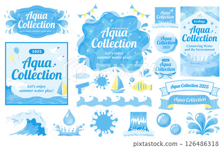 Summer background frame featuring water such as waterfalls, oceans, and pools: Includes cutout illustrations of waves and splashes 126486318