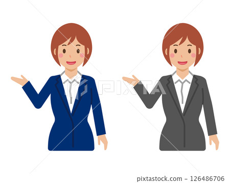 A young woman with short hair and a smile saying "Come this way." Upper body in a suit 126486706