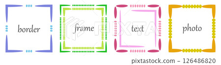 Frame, doodle dot edge border Set. Hand drawn paint brush line stroke, blue pink green multicolour background. Square geometric outline shape. Text copy space. Fun cute modern vector illustration Frame, doodle dot edge border Set. Hand drawn paint brush line stroke, blue pink green multicolour background. Square geometric outline shape. Text copy space. Fun cute modern vector illustration 126486820