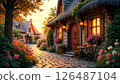 ambience village landscape with cozy houses at sunset  126487104