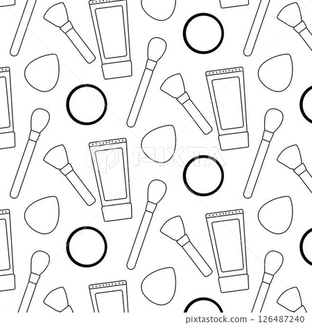 Cosmetics and make up line seamless pattern. brushes and bb cream, sponge Vector graphic line illustration. Black and white cosmetic makeup art. For logo, web, package, sticker. Cosmetics and make up line seamless pattern. brushes and bb cream, sponge Vector graphic line illustration. Black and white cosmetic makeup art. For logo, web, package, sticker. 126487240