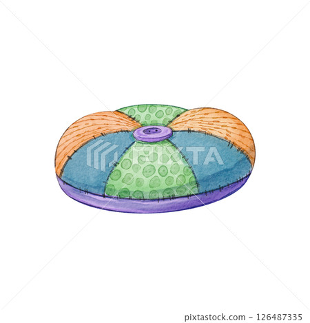 Colorful patchwork pincushion with button center. Watercolor illustration of sewing accessory in bright, textured fabric pieces. Perfect for crafting theme, design, DIY projects, and handmade visuals. Colorful patchwork pincushion with button center. Watercolor illustration of sewing accessory in bright, textured fabric pieces. Perfect for crafting theme, design, DIY projects, and handmade visuals. 126487335