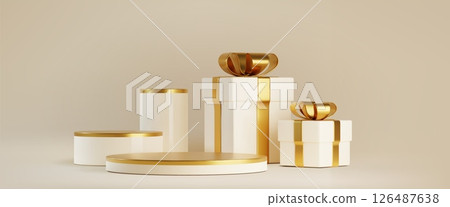 Golden gift boxes set with white round podiums 126487638
