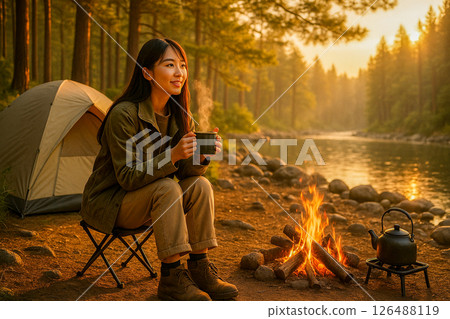 A photo of a solo female camper coexisting with nature 126488119